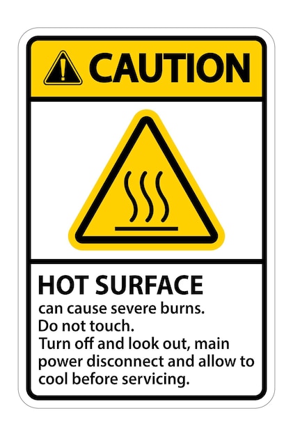 Signo de advertencia de superficie caliente sobre fondo blanco