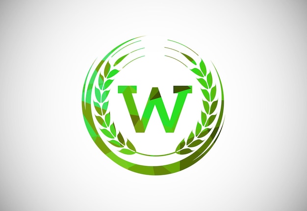 Signo del alfabeto W con una corona de trigo Concepto de logotipo de cultivo de trigo orgánico polivinílico bajo poligonal Plantilla de vector de diseño de logotipo de agricultura