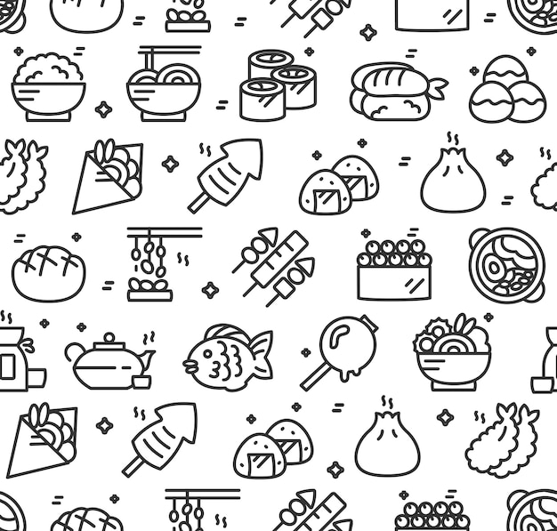 Signo de alimentos de Japón Línea delgada Patrón sin costuras Vector de fondo