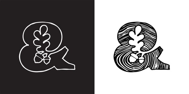 Vector signo de ampersand con hoja de roble y bellota sección transversal del árbol patrón de anillo de textura de madera natural