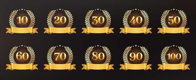 Signo de aniversario de oro Celebrar 10 20 30 40 50 60 70 80 90 100 años de jubileo con corona de laurel de oro y cinta Números vectoriales establecidos para tarjetas de felicitación de cumpleaños