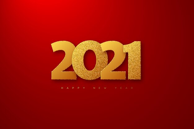 Signo de año nuevo 2021. Números de brillo dorado 3D sobre fondo rojo.