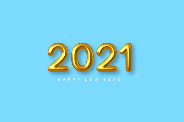 Signo de año nuevo 2021. números de oro metálicos 3d sobre fondo azul. oro realista 2021.