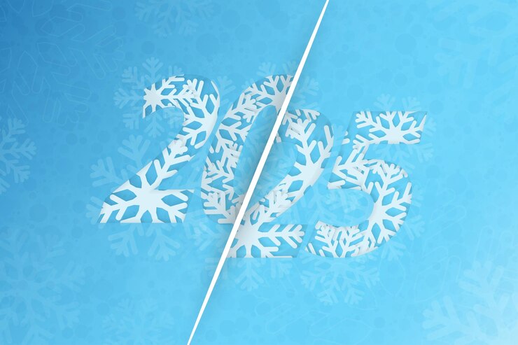 Vector signo del año nuevo 2025 en un fondo cubierto de nieve azul