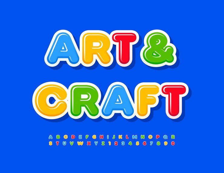 Vector signo artístico vectorial arte y artesanía fuente colorida para niños brillante lindo alfabeto letras y números