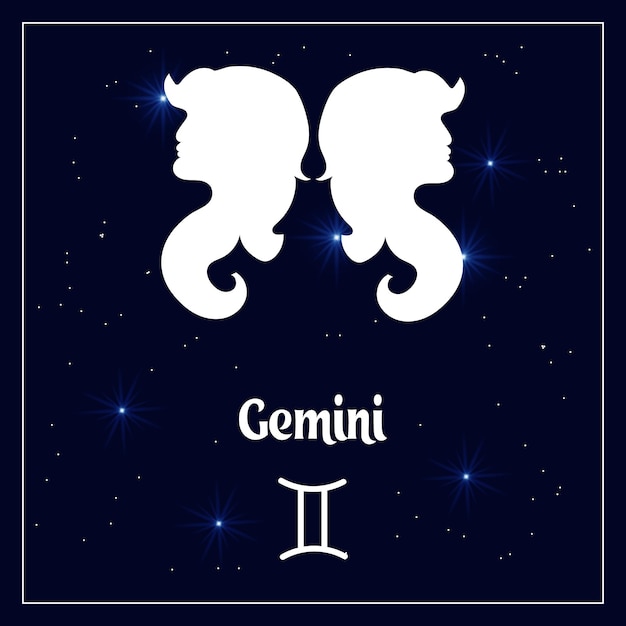 Signo astrológico de Géminis del horóscopo zodiaco en el cielo nocturno con estrellas brillantes. Ilustración