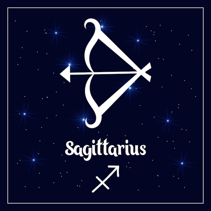 Vector signo astrológico sagitario del horóscopo zodiaco en el cielo nocturno con estrellas brillantes.
