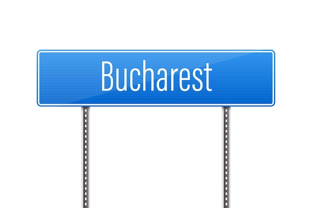 Signo azul de la ciudad que indica la dirección a Bucarest sobre un fondo blanco