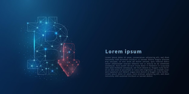 Signo de bitcoin con flecha hacia abajo desde la estructura alámbrica poligonal