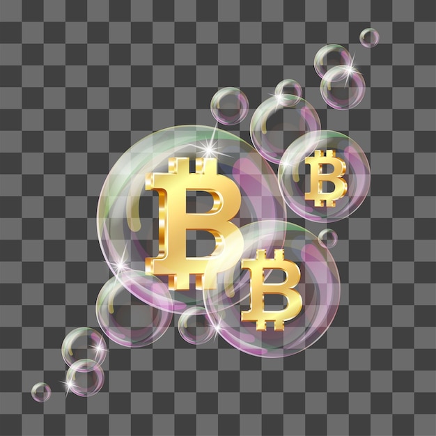 Vector signo de bitcoin de oro realista encapsulado en una burbuja de jabón transparente símbolo de explosión o choque