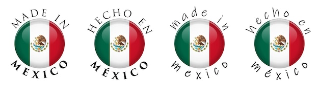 Signo de botón 3D simple hecho en México/traducción al español. Texto alrededor del círculo con bandera mexicana. Versión de fuente decente e informal.