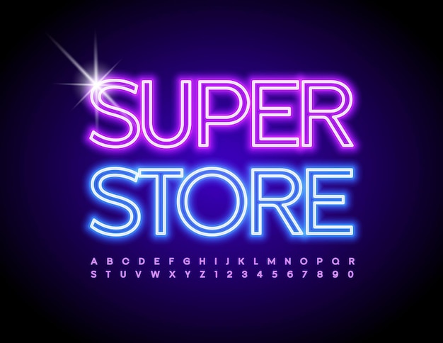 Signo brillante vectorial Super Store con fuente de neón púrpura. Números y letras del alfabeto LED iluminados