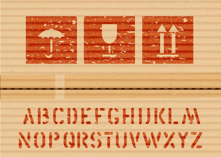 Vector signo de caja de icono de grunge de carga estándar y alfabeto para paraguas de carga y logisticks, vidrio, flechas hacia arriba en cartón. ilustración vectorial