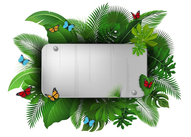 Signo de Chrome con espacio de texto de hojas tropicales y mariposas.