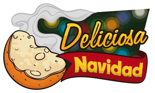 Signo colorido con luces de Navidad cinta y fritter humeante mitad mordido para una deliciosa Navidad