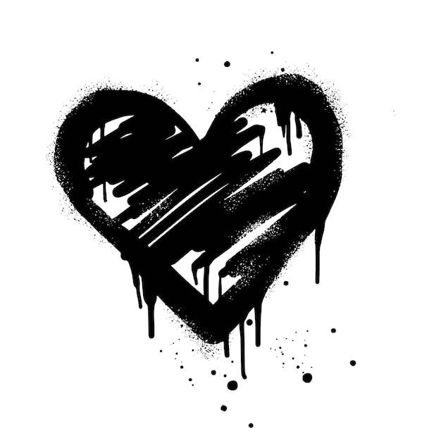Signo de corazón de graffiti pintado con aerosol en negro sobre blanco Símbolo de goteo de corazón de amor aislado en la ilustración de vector de fondo blanco