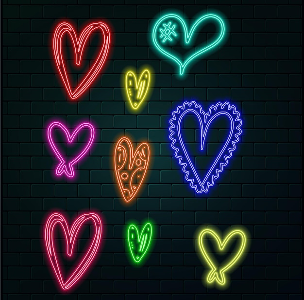 Signo de corazón de neón aislado en el fondo de la pared de ladrillo Símbolo de icono de signo de neón brillante Vector brillante
