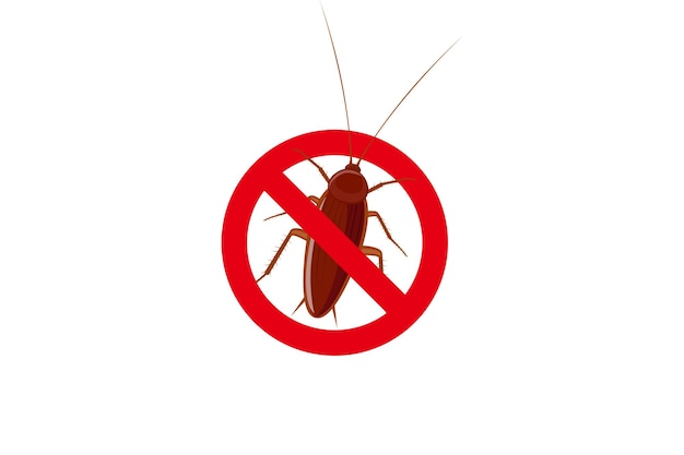 Vector signo de cucaracha con círculo prohibido rojo aislado en fondo blanco icono de control de plagas contra cucarachas