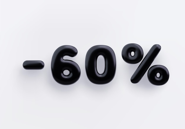 Signo de descuento 3D negro menos 60 por ciento sobre un fondo blanco