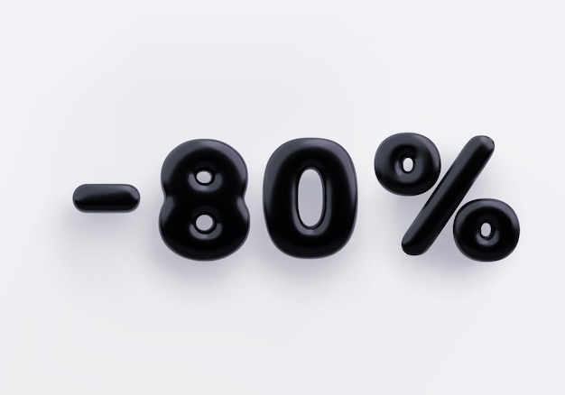 Signo de descuento 3D negro menos 80 por ciento sobre un fondo blanco