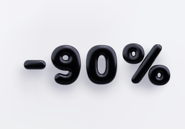 Signo de descuento 3D negro menos 90 por ciento sobre un fondo blanco