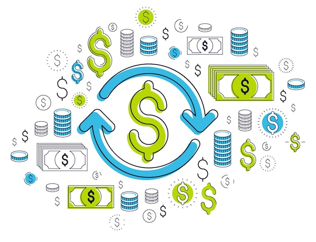 Vector signo de dólar y flecha de bucle, cambio de moneda, retorno de la inversión, concepto de seguro, reembolso, mercado de valores, refinanciamiento, diseño vectorial.