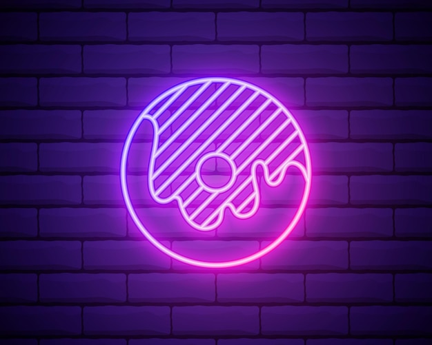 Signo de Donut de neón Emblema de Donut que brilla intensamente brillante sobre fondo de pared de ladrillo oscuro Letrero de neón Elemento de diseño vectorial