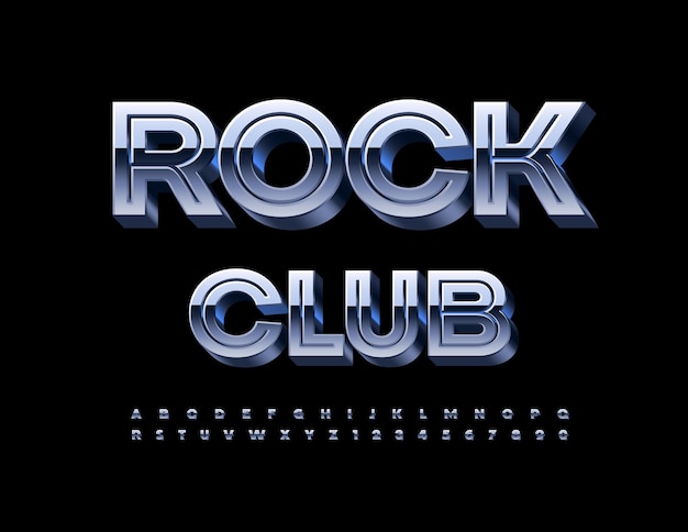 Signo de entretenimiento vectorial rock club fuente metálica creativa plata 3d letras y números del alfabeto