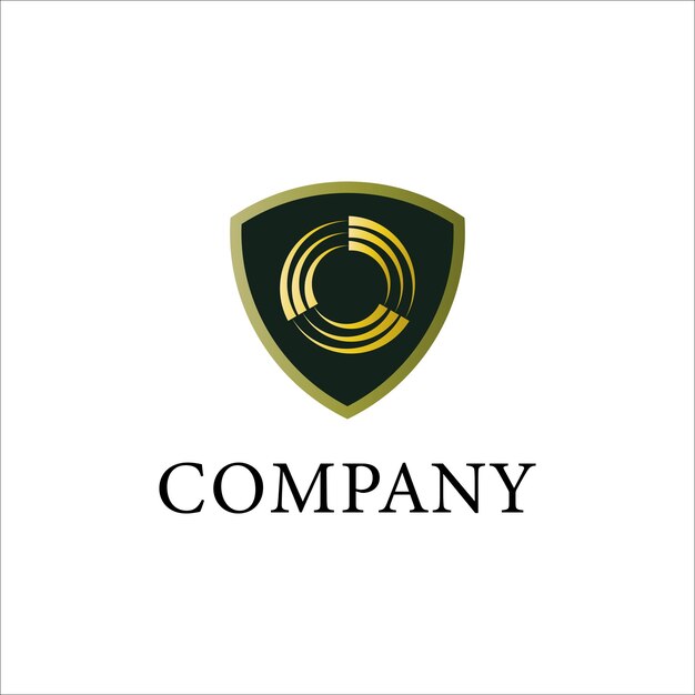 Signo de escudo verde oscuro con ilustración de ciclo de oro en el medio Concepto de logotipo de seguridad de plantilla de diseño de logotipo de guardia de reciclaje aislado sobre fondo blanco