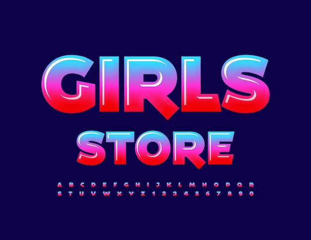 Signo de estilo vectorial girl store con fuente de color degradado números y letras del alfabeto moderno brillante