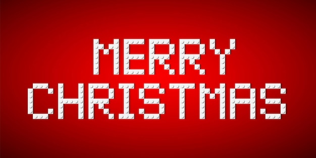 Signo de Feliz Navidad hecho de bloques de juguete de ladrillo de plástico blanco sobre fondo rojo Fuente de ladrillos de construcción