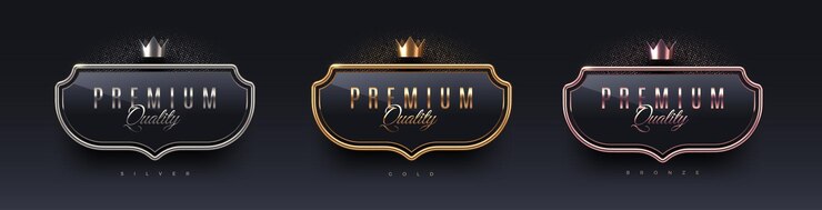Vector signo en forma de escudo 3d de primera calidad con marco de metal y corona insignias de plata y bronce de oro