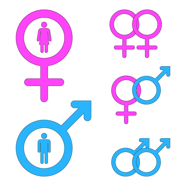 Signo de género masculino y femenino signos de tipos de relación parejas heterosexuales lesbianas y homosexuales ilustración vectorial