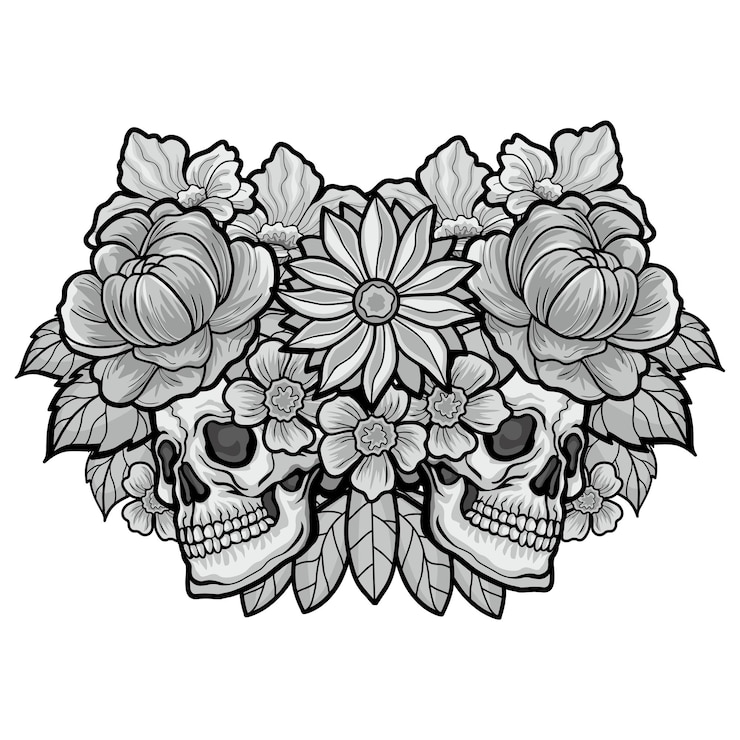 Vector signo gótico con calavera y flores, camisetas de diseño vintage grunge