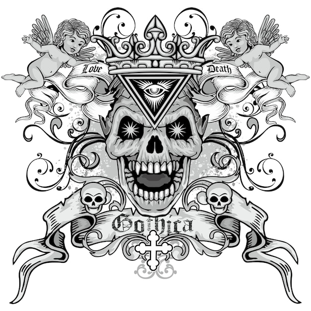Signo gótico con camisetas de diseño vintage grunge calavera y ángeles