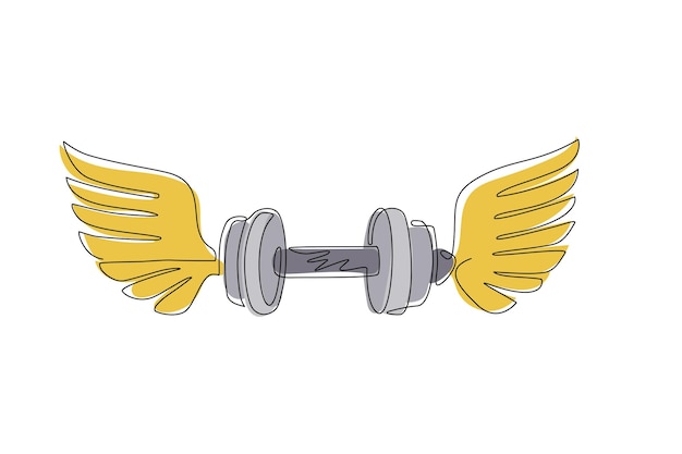 Signo gráfico alado de dibujo de una sola línea creado con vector de equipo deportivo de pesas de disco