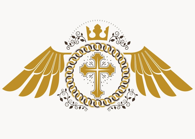 Signo heráldico hecho con elementos vectoriales vintage, alas de pájaro, cruz religiosa y corona imperial.