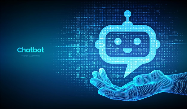 El signo del icono de la cabeza del robot chatbot hecho con código binario en la mano del marco de alambre Aplicación de asistente de chatbot