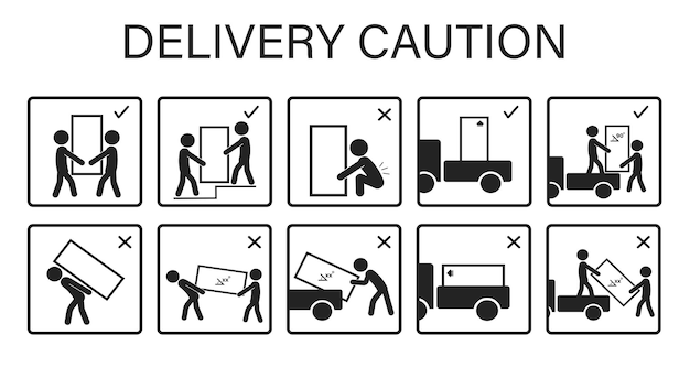 Signo de icono de paquete conjunto de entrega precaución seguridad elevación manija de instrucciones con cuidado para mercancías de caja grande