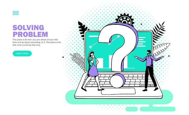 Signo de interrogación en la computadora Equipo en busca de vector de solución de software