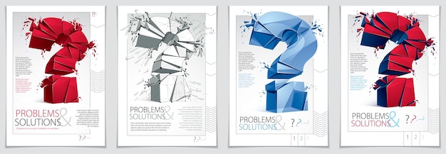 Signo de interrogación roto explosión de diseño de folleto o volante, consulta rompiendo en pedazos, vector ilustración realista 3d. Símbolo conceptual de carácter especial, duda, dificultad, preguntas frecuentes y concepto de soporte.
