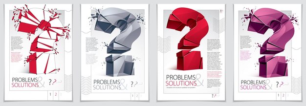 Signo de interrogación roto explosión de diseño de folleto o volante, consulta rompiendo en pedazos, vector ilustración realista 3d. Símbolo conceptual de carácter especial, duda, dificultad, preguntas frecuentes y concepto de soporte.