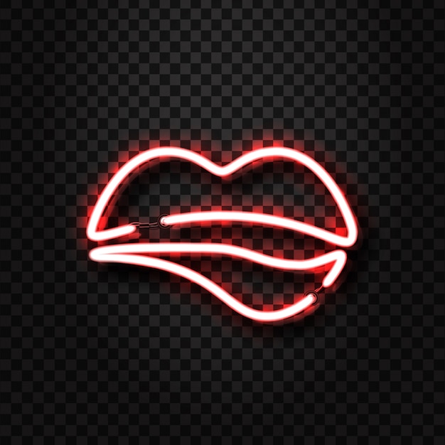 Signo de labios eróticos de neón realista para decoración y revestimiento en el fondo transparente. Concepto de show erótico y discoteca.