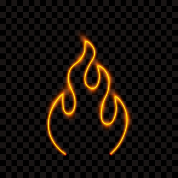 Signo de llama naranja de fuego de neón en ilustración vectorial de fondo transparente