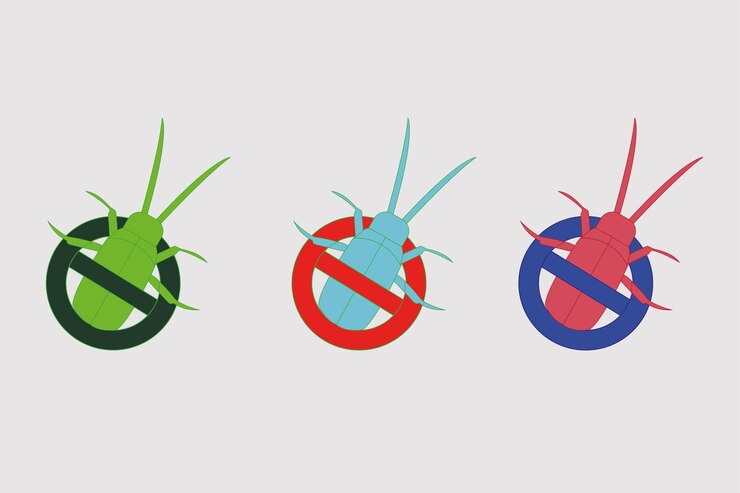 Vector signo de logotipo de insectos con conjunto de ilustración de dibujos animados de insectos. señal de stop o anti insectos