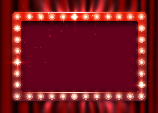 Signo de luz retro. Banner de estilo vintage en el fondo de la cortina. Tiempo de la funcion