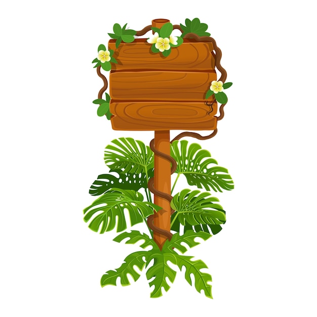 Vector signo de madera de la selva signo de madera con plantas tropicales palmeras y hojas aisladas