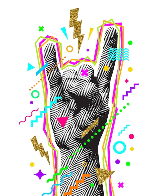Vector signo de mano heavy metal estilo grabado dos dedos hacia arriba