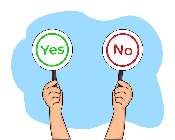 Vector signo de la mano que sostiene el letrero sí o no símbolo para elegir entre dos opciones opuestas sí o no