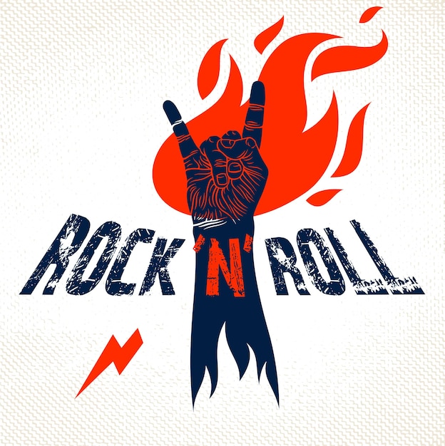 Vector signo de mano de rock en llamas, música caliente gesto de rock and roll en llamas, concierto o club del festival de hard rock, emblema o logotipo de etiqueta vectorial, tienda de instrumentos musicales o estudio de grabación.